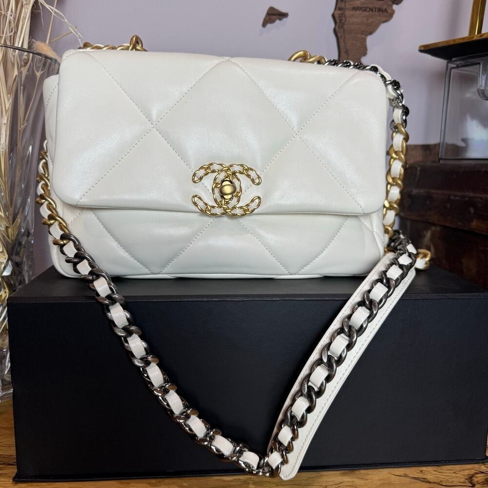 Chanel 19 Ivory Lambskin Mixed Metal‎ Medium Bag Microchipped Authentic CoA